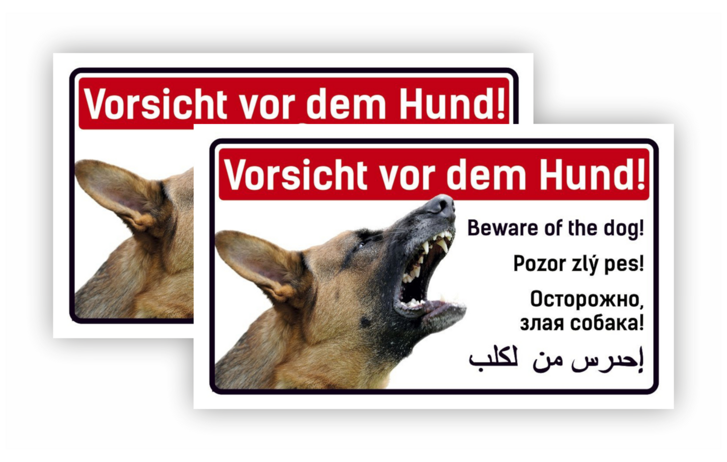 Sticker - Warnhinweis - Warnung - Sign - Schild - Hinweis - Achtung - Vorsicht vor dem Hund - Sprachen - Englisch - Slowakisch - Arabisch - SET