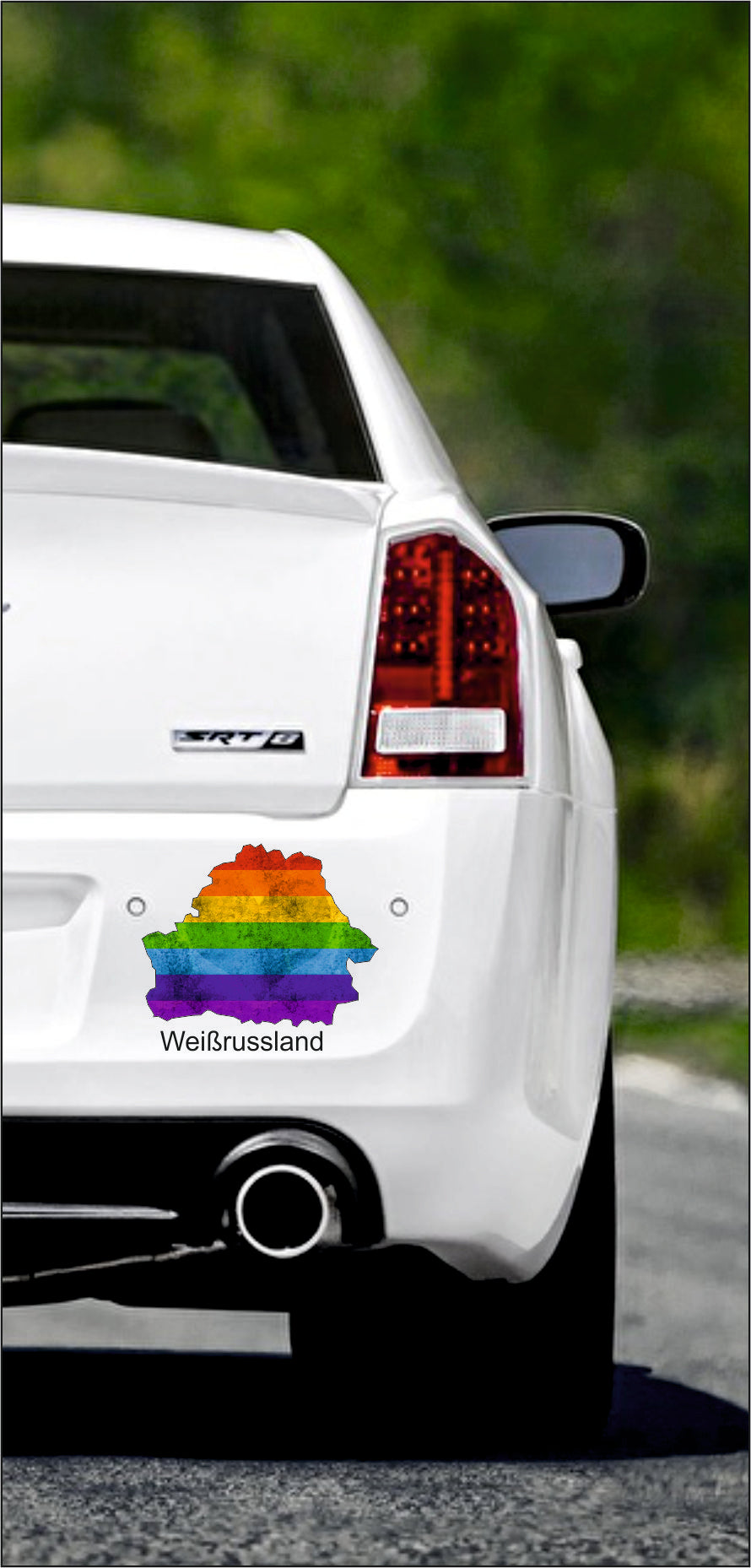 Autoaufkleber - Weißrussland Text deutsch - Regenbogen StaatsUmriss