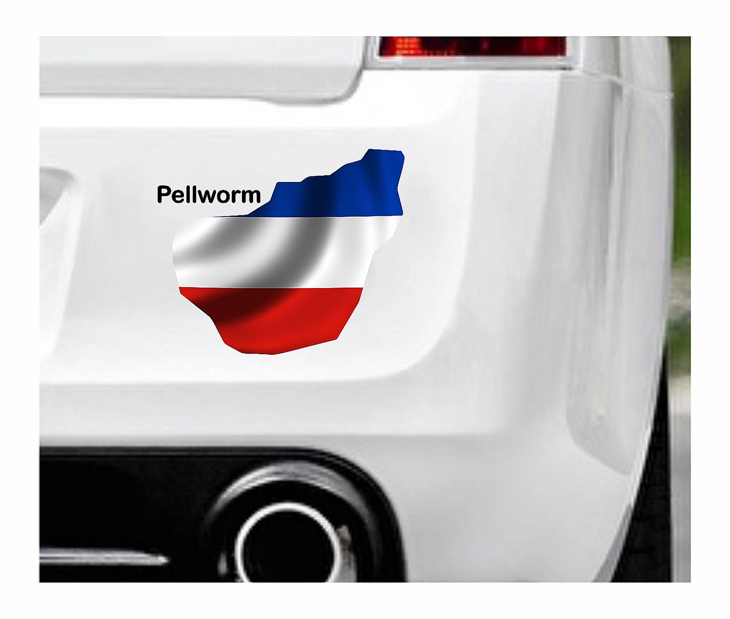 Das Bild zeigt den Umriss der Insel Pellworm mit dem Wappen Schleswig Holsteins. Dazu steht über dem Bild der Schriftzug Pellworm. Erhältlich ist dieser Artikel mit der Schrift und Umrandung in Weiß oder Schwarz. Man kann auch nur das Abbild Pellworms ohne Schriftzug bzw. Text erhalten.