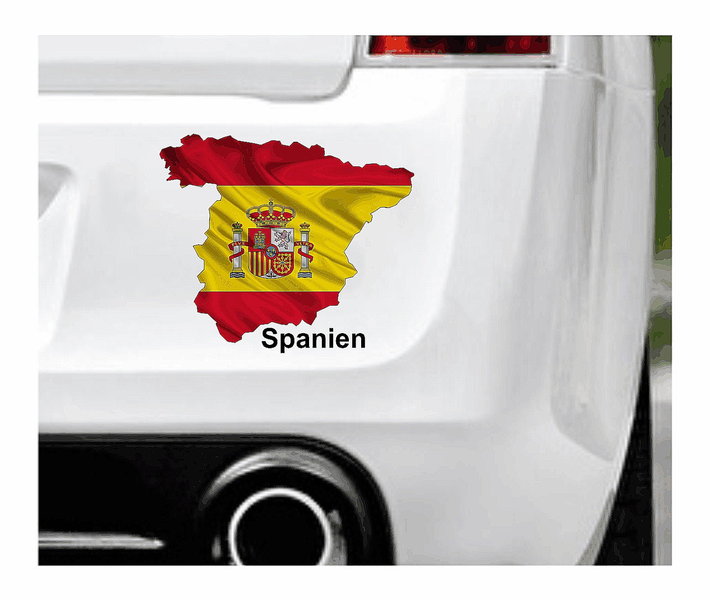 Das Bild zeigt den Umriss Spaniens hinterlegt mit der glänzenden Nationalflagge. Dazu steht unter dem Bild der Schriftzug Spanien. Erhältlich ist dieser Artikel mit der Schrift und Umrandung in Weiß oder Schwarz. Man kann auch nur das Abbild Spaniens ohne Schriftzug bzw. Text erhalten.