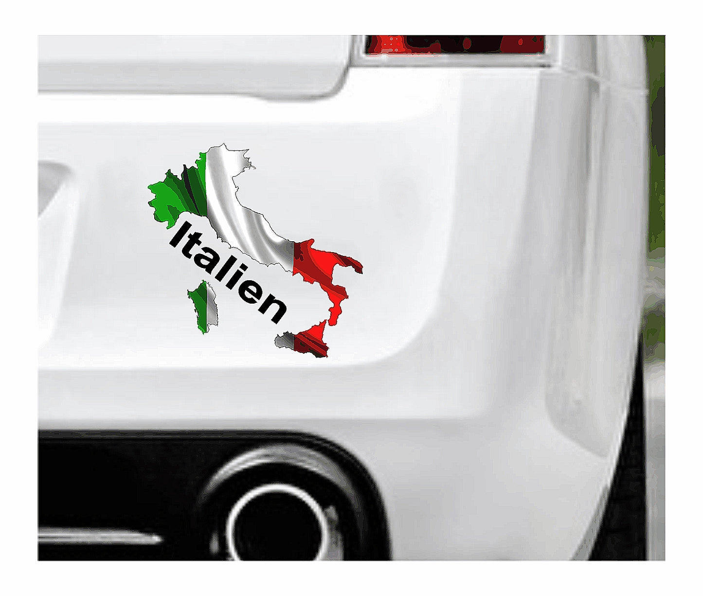 Das Bild zeigt den Umriss Italiens hinterlegt mit der glänzenden Nationalflagge. Dazu steht unter dem Bild der Schriftzug Italien. Erhältlich ist dieser Artikel mit der Schrift und Umrandung in Weiß oder Schwarz. Man kann auch nur das Abbild Italiens ohne Schriftzug bzw. Text erhalten.