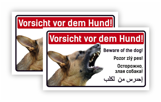 Sticker - Warnhinweis - Warnung - Sign - Schild - Hinweis - Achtung - Vorsicht vor dem Hund - Sprachen - Englisch - Slowakisch - Arabisch - SET