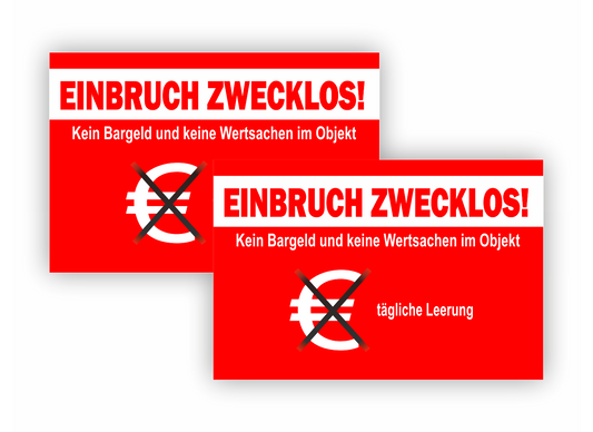 Aufkleber SET - Einbruch zwecklos - Kein Bargeld und keine Wertsachen