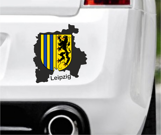 Autoaufkleber -  Leipzig - schwarz - Wappen - Löwe StaatsUmriss Flagge