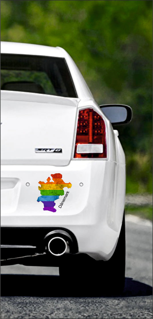 Autoaufkleber -  Dänemark Text deutsch - Regenbogen StaatsUmriss