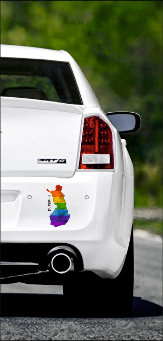 Autoaufkleber -  Finnland Text deutsch - Regenbogen StaatsUmriss