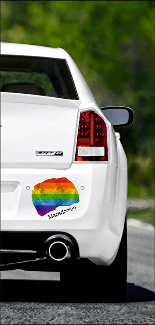 Autoaufkleber -  Mazedonien Text deutsch - Regenbogen StaatsUmriss