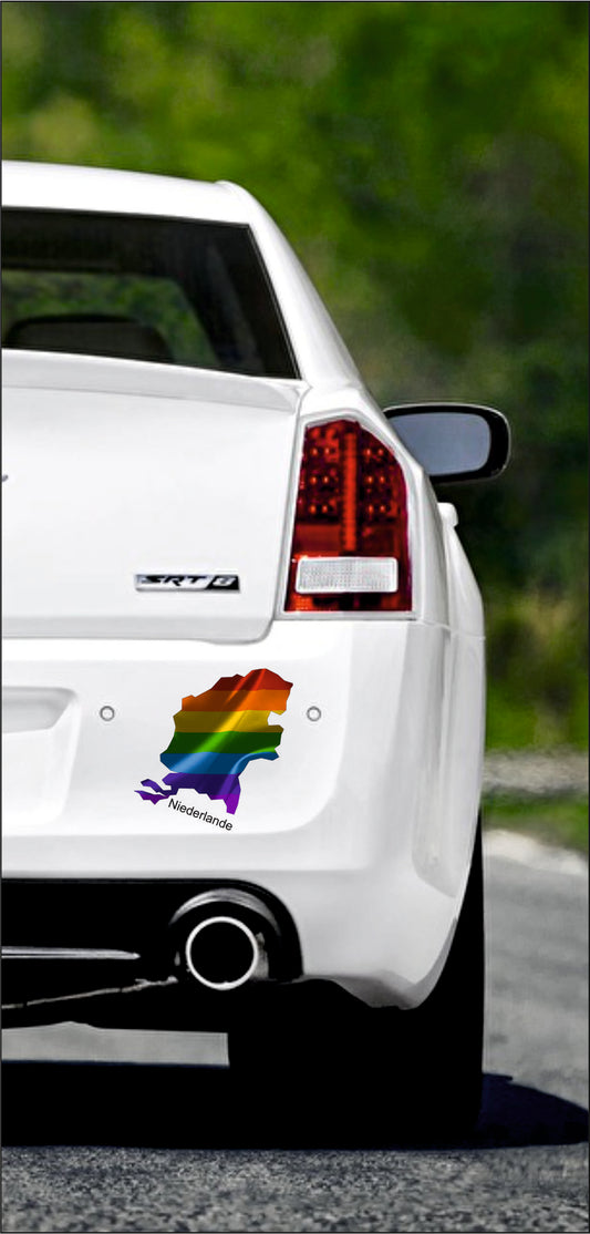 Autoaufkleber -  Niederlande Text deutsch - Regenbogen glanz StaatsUmriss