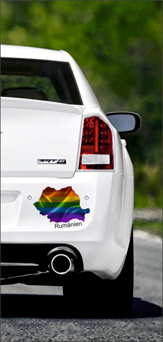 Autoaufkleber -  Rumänien Text deutsch - Regenbogen glanz StaatsUmriss