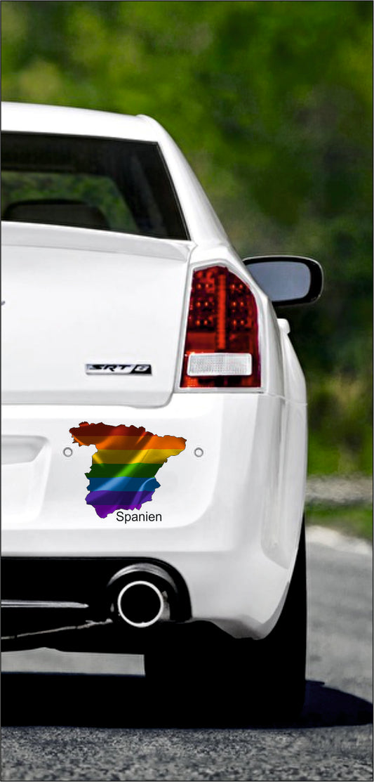 Autoaufkleber -  Spanien Text deutsch - Regenbogen glanz StaatsUmriss