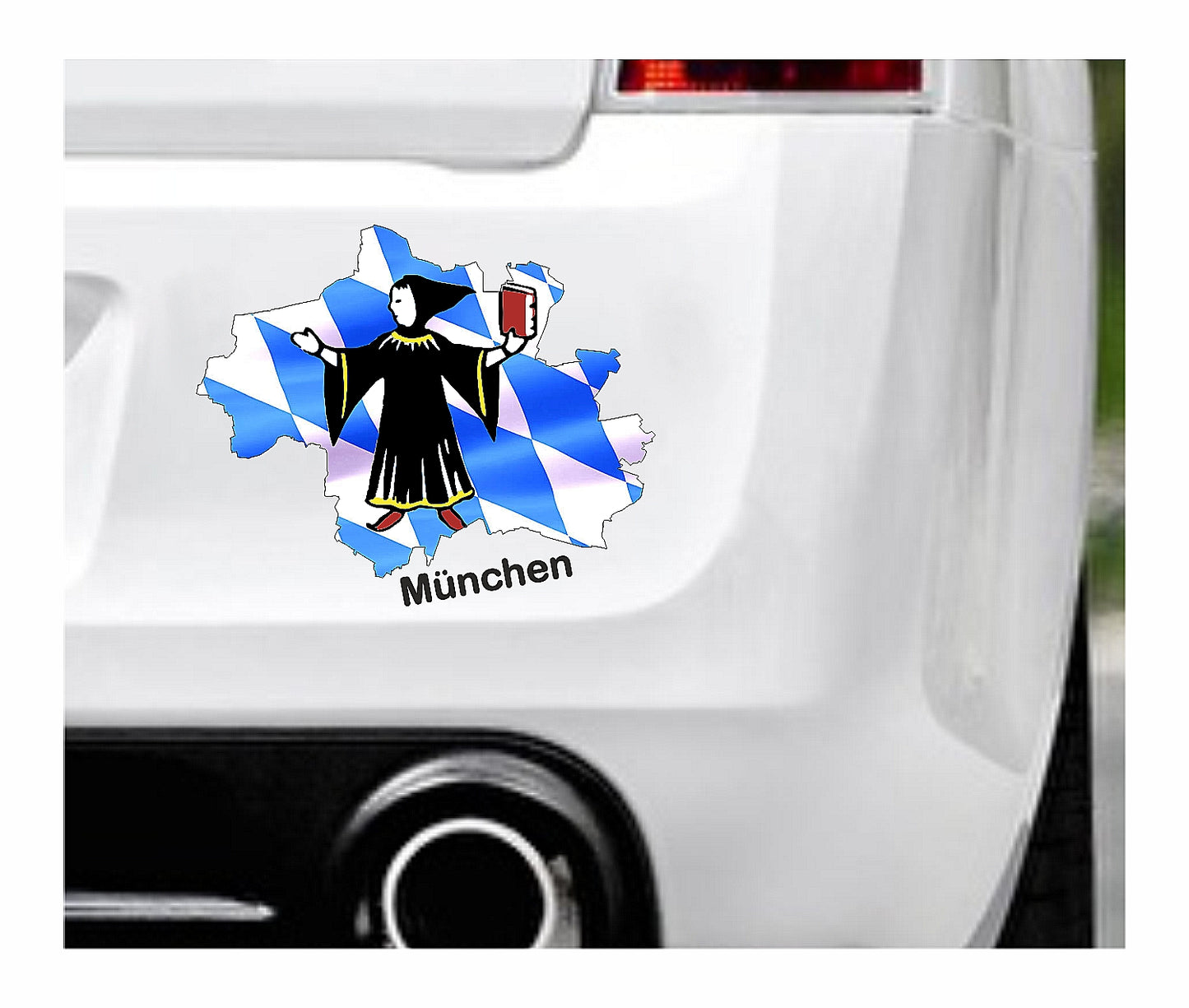 Das Bild zeigt den Umriss des Bundeslandes Bayerns mit dem Wappen. Dazu steht über dem Bild der Schriftzug Bayern. Erhältlich ist dieser Artikel mit der Schrift und Umrandung in Weiß oder Schwarz. Man kann auch nur das Abbild Bayerns ohne Schriftzug bzw. Text erhalten.