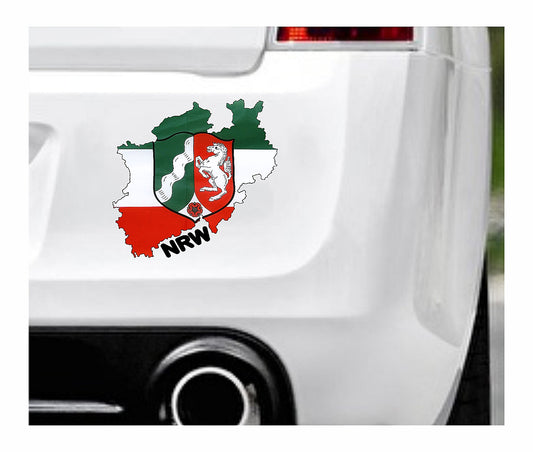 Das Bild zeigt den Umriss des Bundesland NRW Nordrhein-Westfalens mit dem Wappen NRW Nordrhein-Westfalens. Dazu steht über dem Bild der Schriftzug NRW Nordrhein-Westfalen. Erhältlich ist dieser Artikel mit der Schrift und Umrandung in Weiß oder Schwarz. Man kann auch nur das Abbild NRW Nordrhein-Westfalens ohne Schriftzug bzw. Text erhalten.