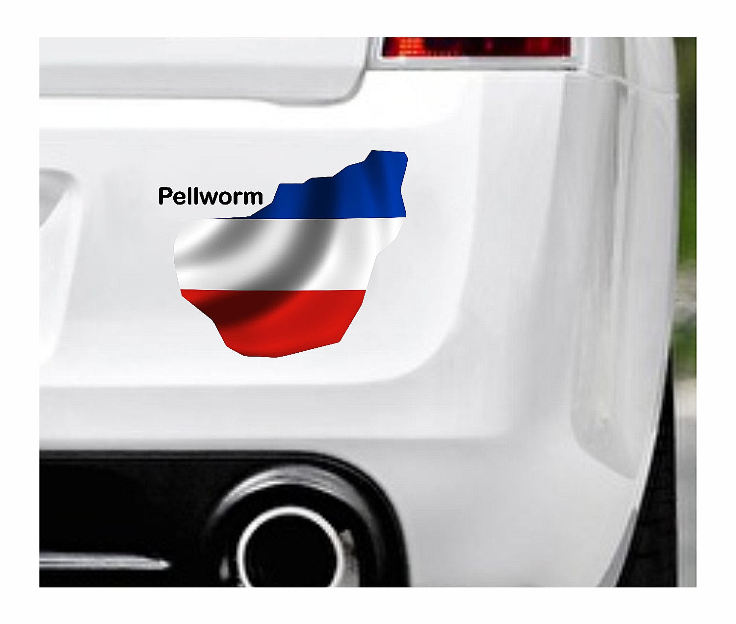 Das Bild zeigt den Umriss der Insel Pellworm mit dem Wappen Schleswig Holsteins. Dazu steht über dem Bild der Schriftzug Pellworm. Erhältlich ist dieser Artikel mit der Schrift und Umrandung in Weiß oder Schwarz. Man kann auch nur das Abbild Pellworms ohne Schriftzug bzw. Text erhalten.