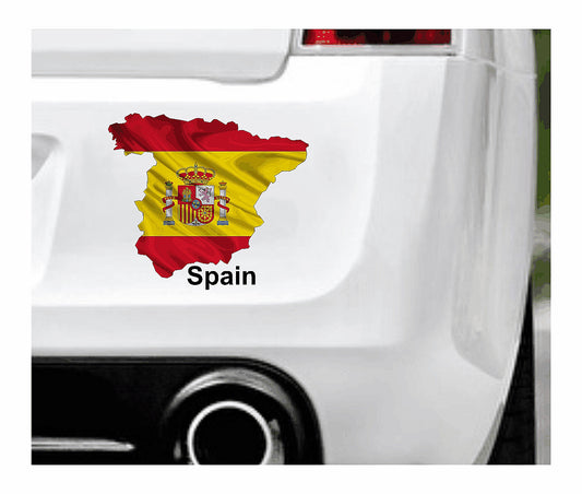 Das Bild zeigt den Umriss Spaniens hinterlegt mit der glänzenden  Nationalflagge. Dazu steht unter dem Bild der Schriftzug Spain. Erhältlich ist dieser Artikel mit der Schrift und Umrandung in Weiß oder Schwarz. Man kann auch nur das Abbild Spaniens ohne Schriftzug bzw. Text erhalten.