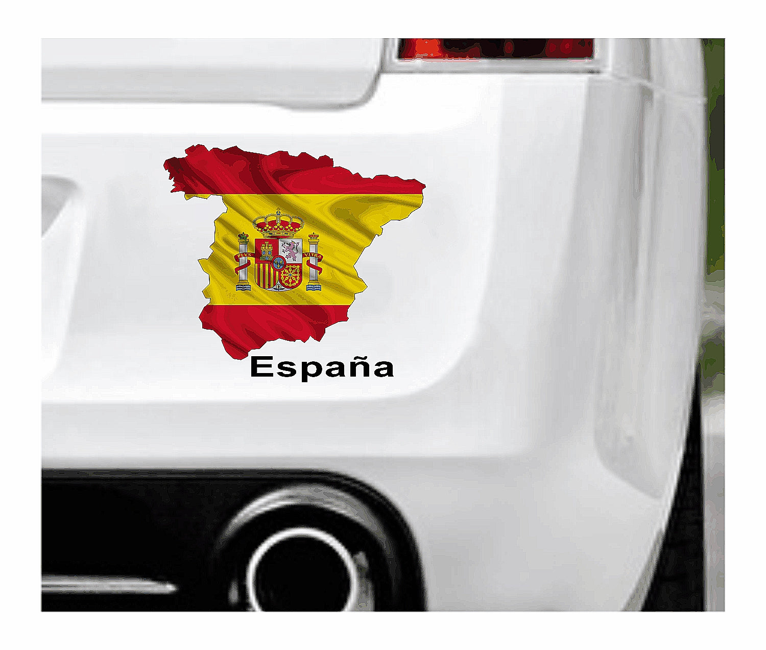 Das Bild zeigt den Umriss Spaniens hinterlegt mit der glänzenden  Nationalflagge. Dazu steht unter dem Bild der Schriftzug Espana. Erhältlich ist dieser Artikel mit der Schrift und Umrandung in Weiß oder Schwarz. Man kann auch nur das Abbild Spaniens ohne Schriftzug bzw. Text erhalten.