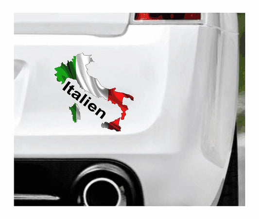 Das Bild zeigt den Umriss Italiens hinterlegt mit der glänzenden  Nationalflagge. Dazu steht unter dem Bild der Schriftzug Italien. Erhältlich ist dieser Artikel mit der Schrift und Umrandung in Weiß oder Schwarz. Man kann auch nur das Abbild Italiens ohne Schriftzug bzw. Text erhalten.