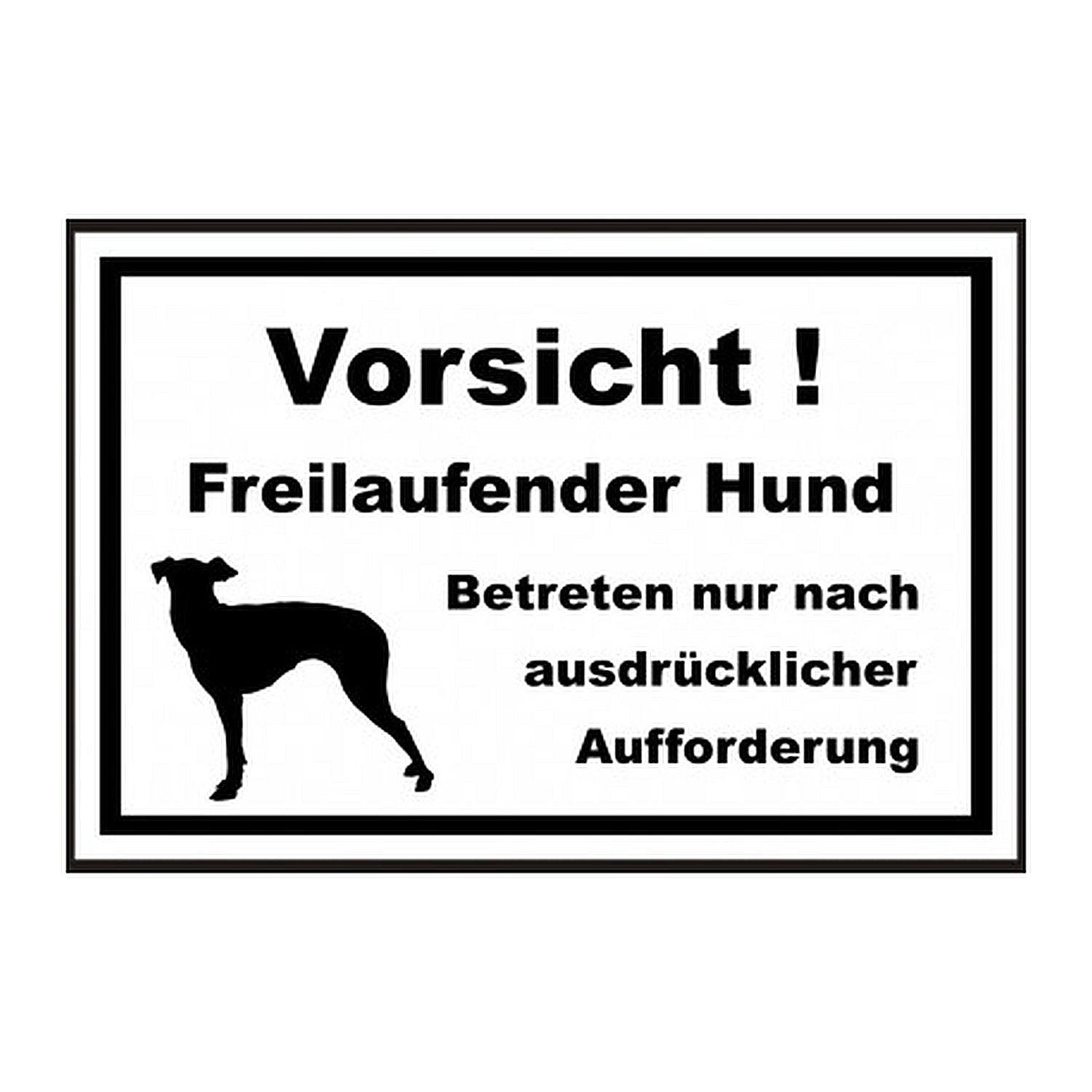 Das Bild ist rechteckig und schwarz weis, in schwarz steht da "Vorsicht vor dem Hund!" Betreten nur nach ausdrücklicher Aufforderung. Links daneben ist eien Silhouette eines großen Hundes abgebildet.