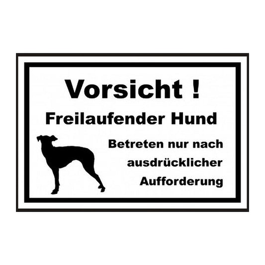 Das Bild ist rechteckig und schwarz weis, in schwarz steht da "Vorsicht vor dem Hund!" Betreten nur nach ausdrücklicher Aufforderung. Links daneben ist eien Silhouette eines großen Hundes abgebildet.