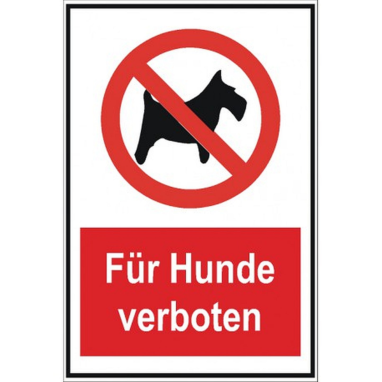 Das Bild ist rechteckig und weis. Oben ist ein Piktogram eines Verbotschildes -ein durchgestrichener, roter Kreis mit einer Hundezeichnung. Darunter in weißer Schrift auf rotem Hintergrund "für Hunde verboten" 