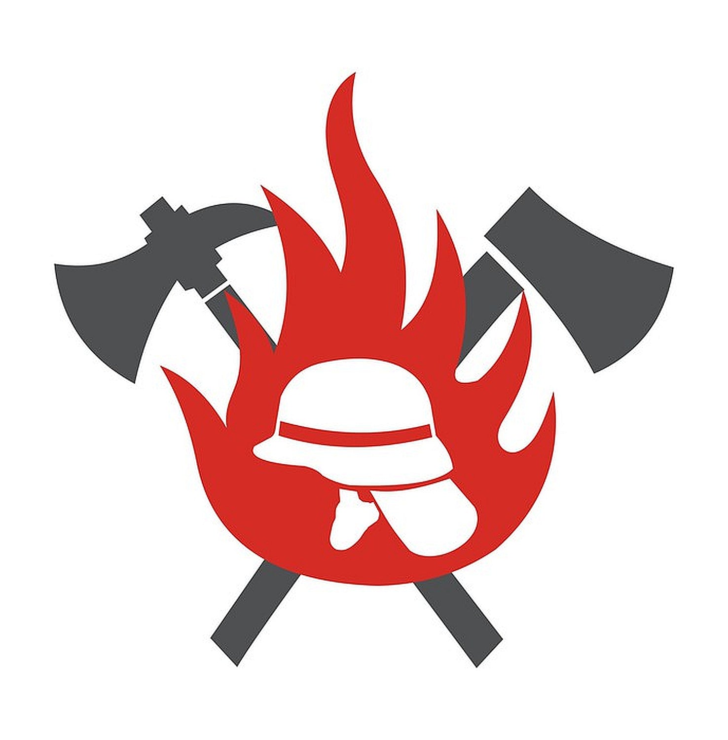 Das Bild zeigt das Feuerwehr Emblem - eine Rote Flamme. In deren Mitte einen weißen Feuerwehrhelm. Hinter der Flamme kreuzen sich Ein Beil und eine Axt, beides in Grau.