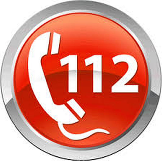 Das Bild ist Rund und überwiegend Rot mit einem Grauen Rand. In dem Kreis ist ein Telefonhörer und die Notrufnummer 112 abgebildet.