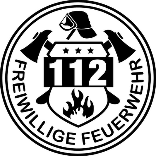 Das Bild ist rund und zeigt das Feuerwehr Emblem - ein Wappen mit Flamme. Darber der Feuerwehrhelm. Unter dem Wappen die Schrift "freiwillige Feuerwehr". Hinter dem Wappen kreuzen sich Ein Beil und eine Axt.