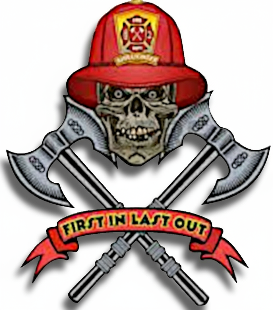 Autoaufkleber - First In Last Out Totenkopf Skull - Tribal - Freiwillige Feuerwehr, Berufsfeuerwehr - Notruf - Malteser - Emblem (Kopie)