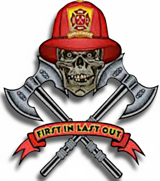 Autoaufkleber - First In Last Out Totenkopf Skull - Tribal - Freiwillige Feuerwehr, Berufsfeuerwehr - Notruf - Malteser - Emblem (Kopie)