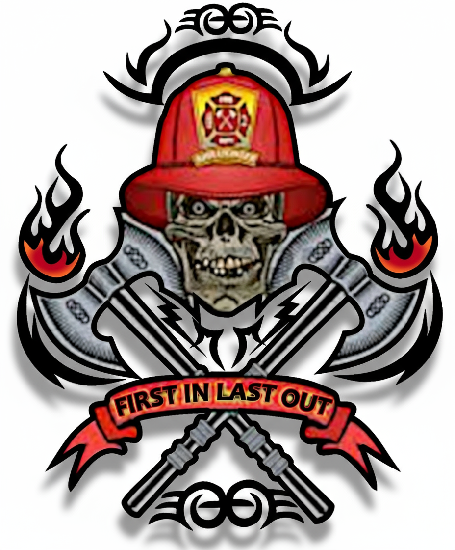 Autoaufkleber - First In Last Out Totenkopf Skull - Tribal - Freiwillige Feuerwehr, Berufsfeuerwehr - Notruf - Malteser - Emblem