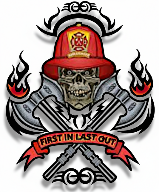 Autoaufkleber - First In Last Out Totenkopf Skull - Tribal - Freiwillige Feuerwehr, Berufsfeuerwehr - Notruf - Malteser - Emblem